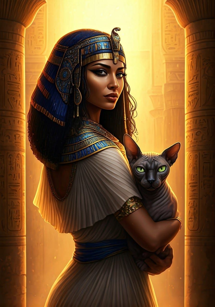 Exotic Egyptian Priestess with Sphynx Cat in Ancient Temple