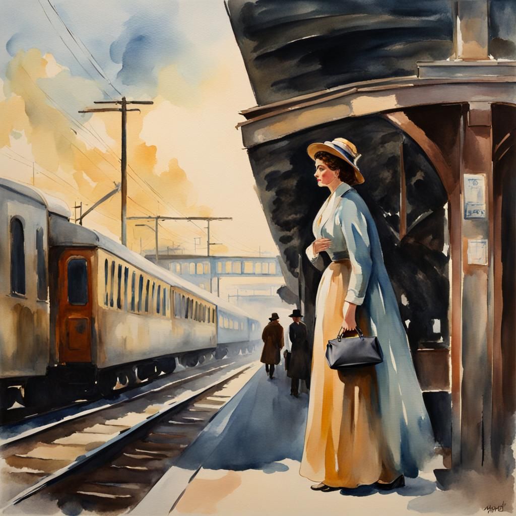 Lady at Train Station in Gouache Watercolor Style