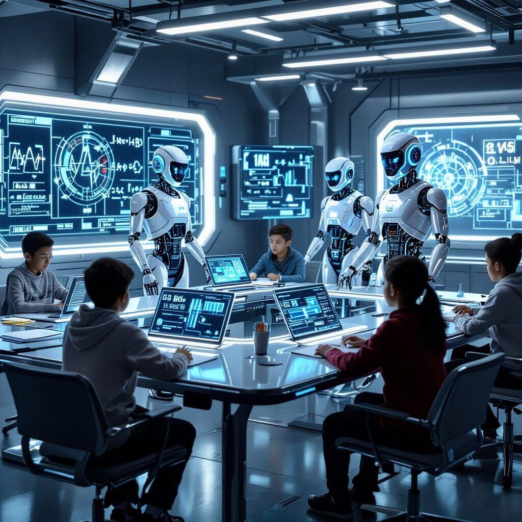 Futuristic Classroom with Robot Teachers