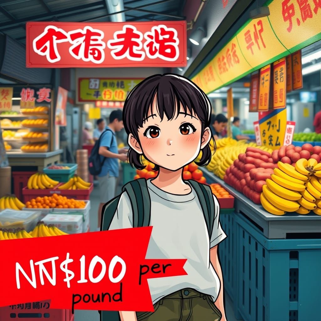 Girl Surrounded by Whimsical Fruit Stand in Vibrant Taiwanes...