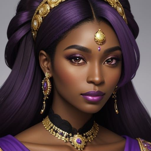 Regal Black Woman in Purple Hair Portrait in High Definition