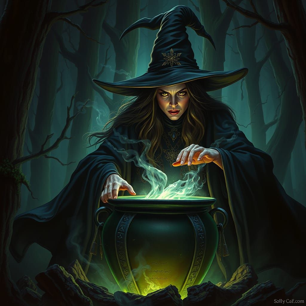Mystical Witch Brewing Potion in Enchanted Forest