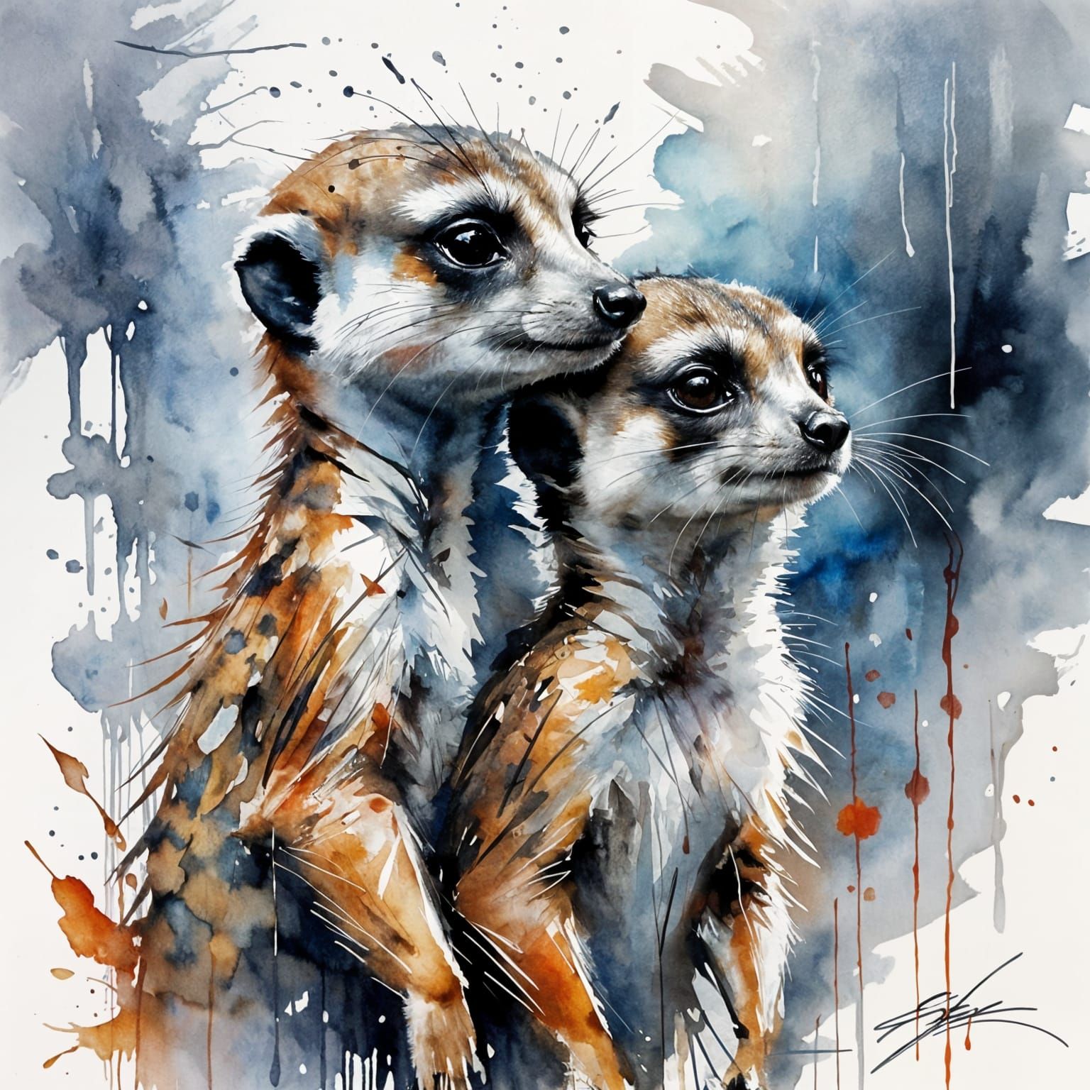 Cute Meerkats Protected Under Rain in Impressionist Gouache ...