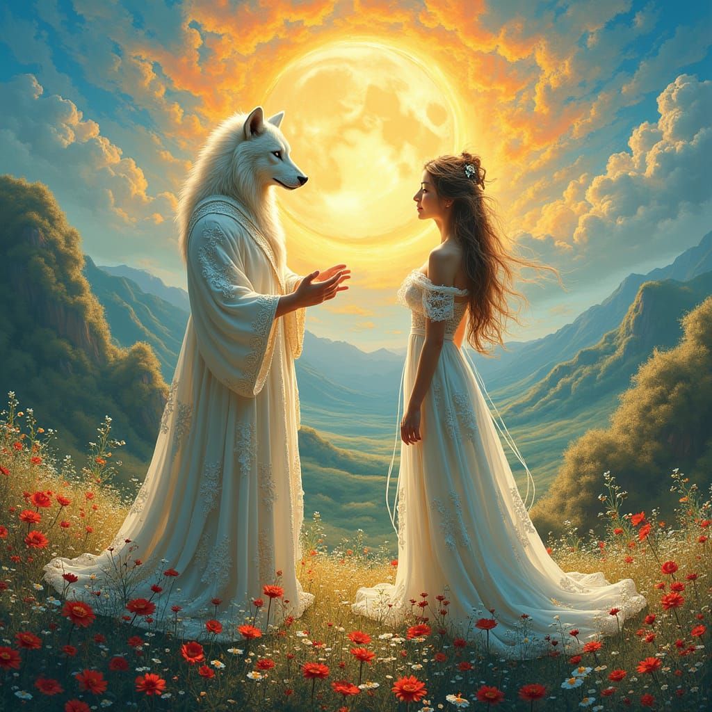 Greek Sun God Converses with Rain God in Ethereal Paradise