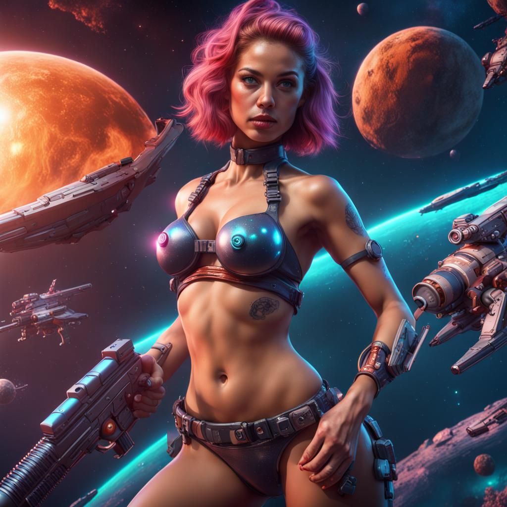 Spacebabe in bikini in space with ray gun