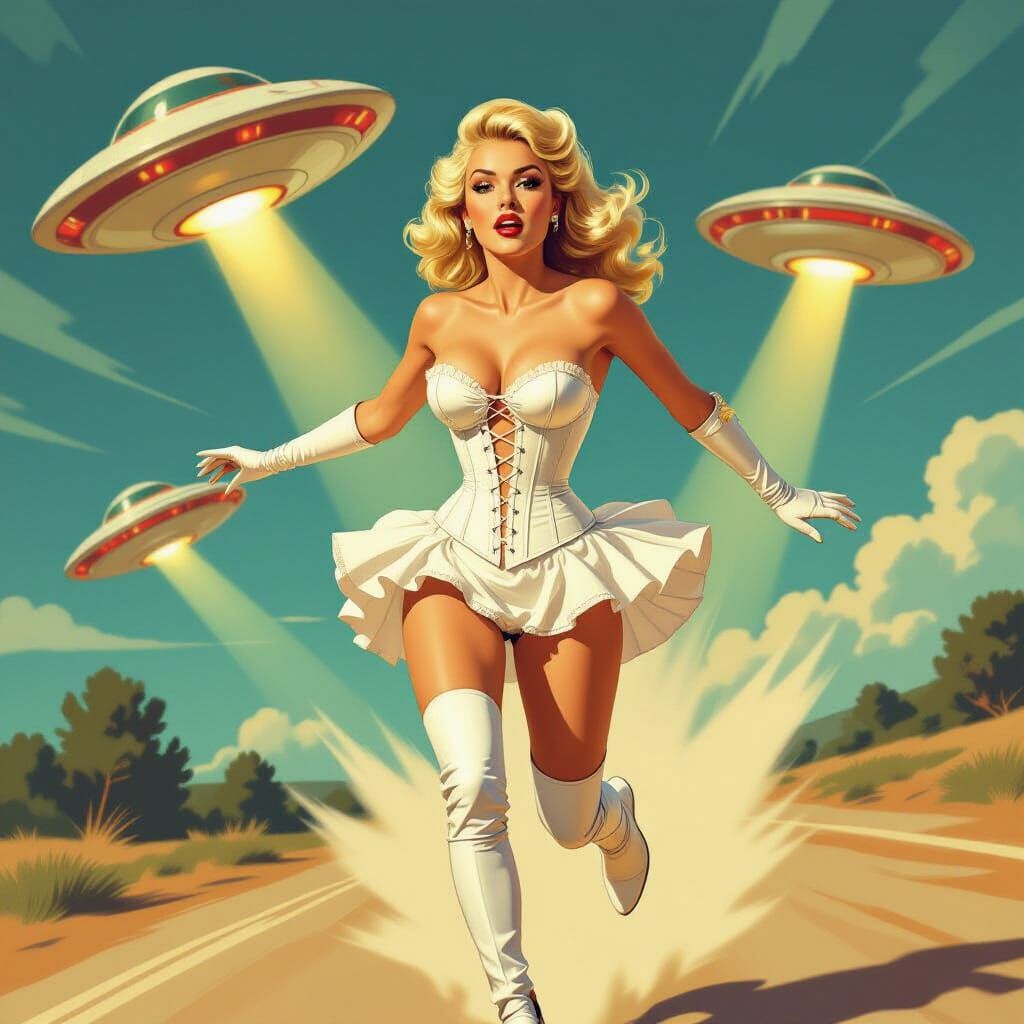 Glamorous Woman Flees UFOs in Retro Pulp Art Style