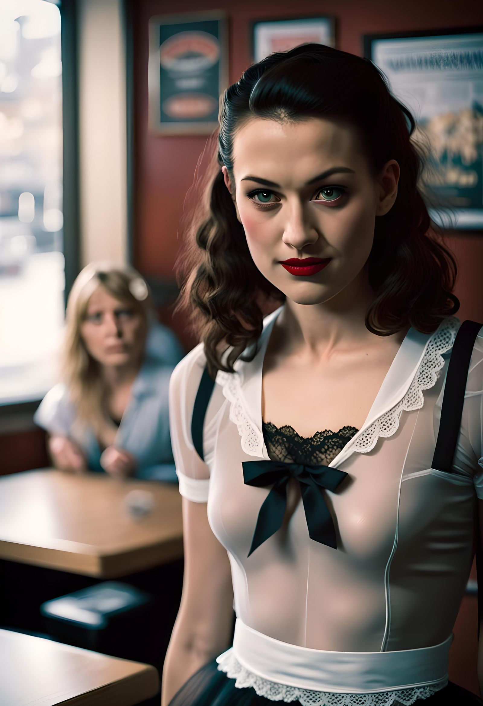 Waitress in Lace Tights: Hyperrealistic Cinematic Still