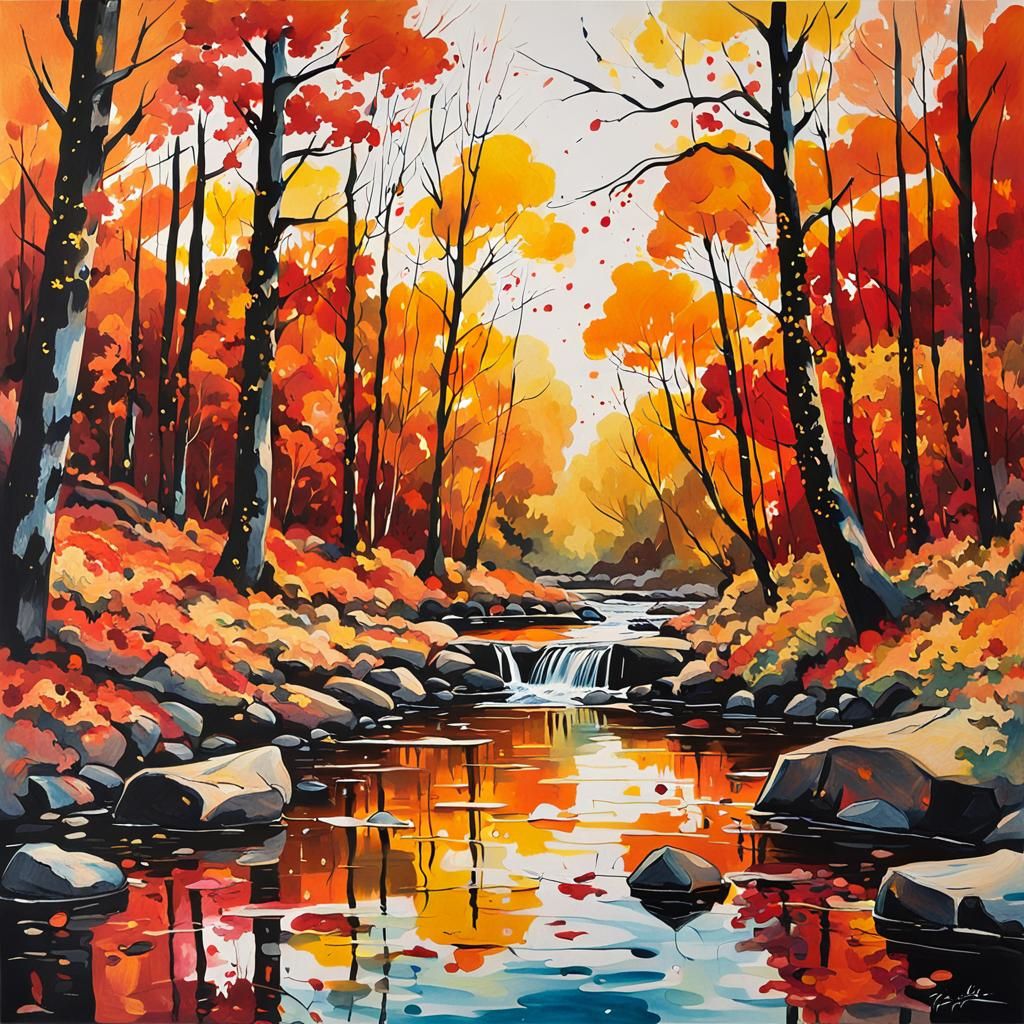 Autumn Forest Landscape in Ink Splatter Style