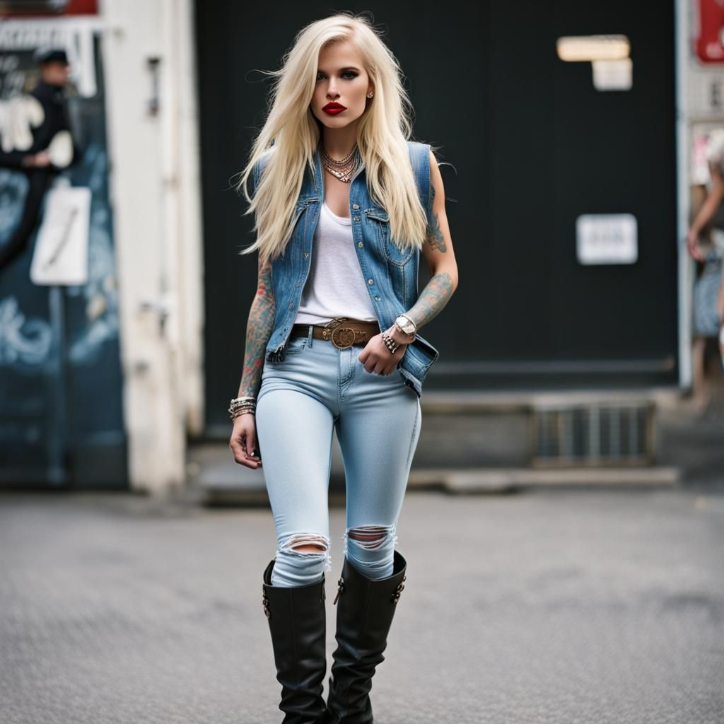 Blonde Woman in White Jeans and Denim Vest