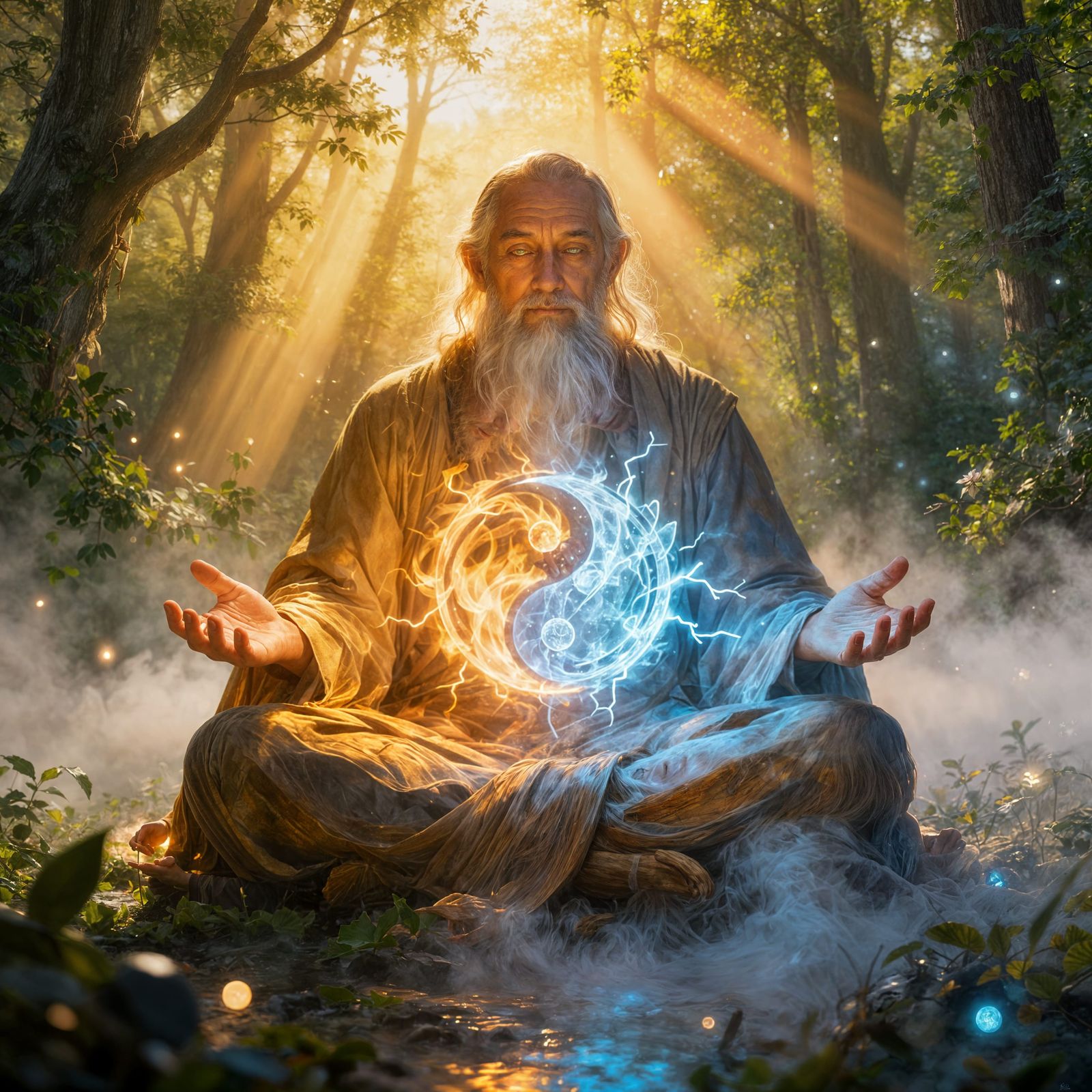Wise Man Meditating with Fire and Ice Yin-Yang
