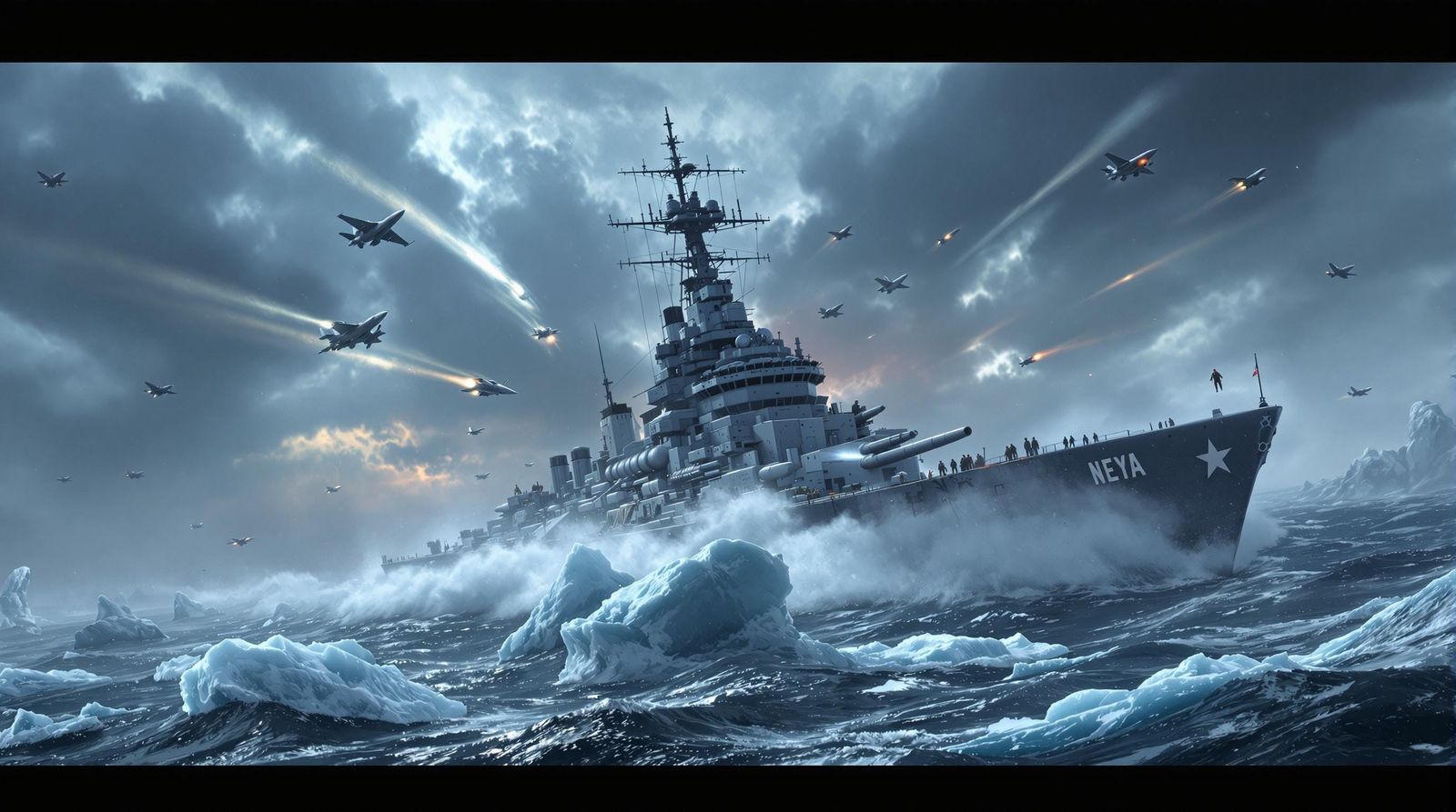 Battleship Engages Enemy in Icy Arctic Combat Scene
