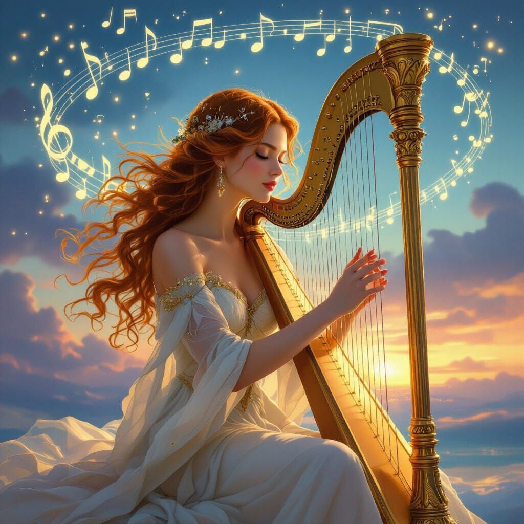 Woman Playing Golden Harp with Music Notes in Twilight Sky