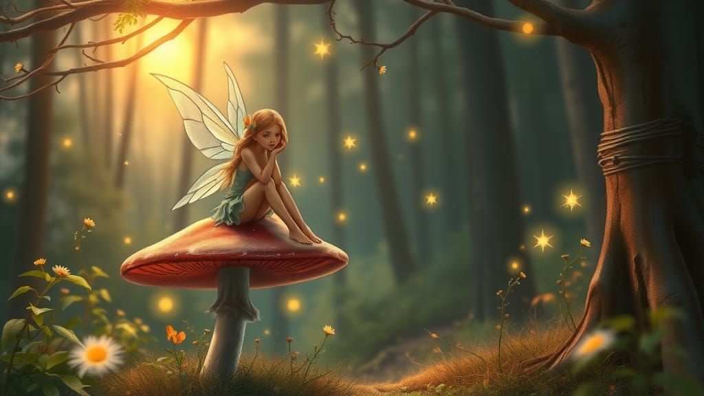 Faerie on Toadstool in Mystical Forest, Pin-Up Style