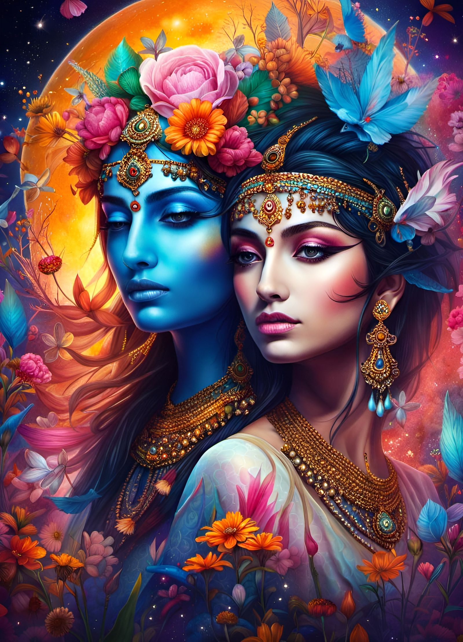 Rama and Sita in Starry Wildflower Scene