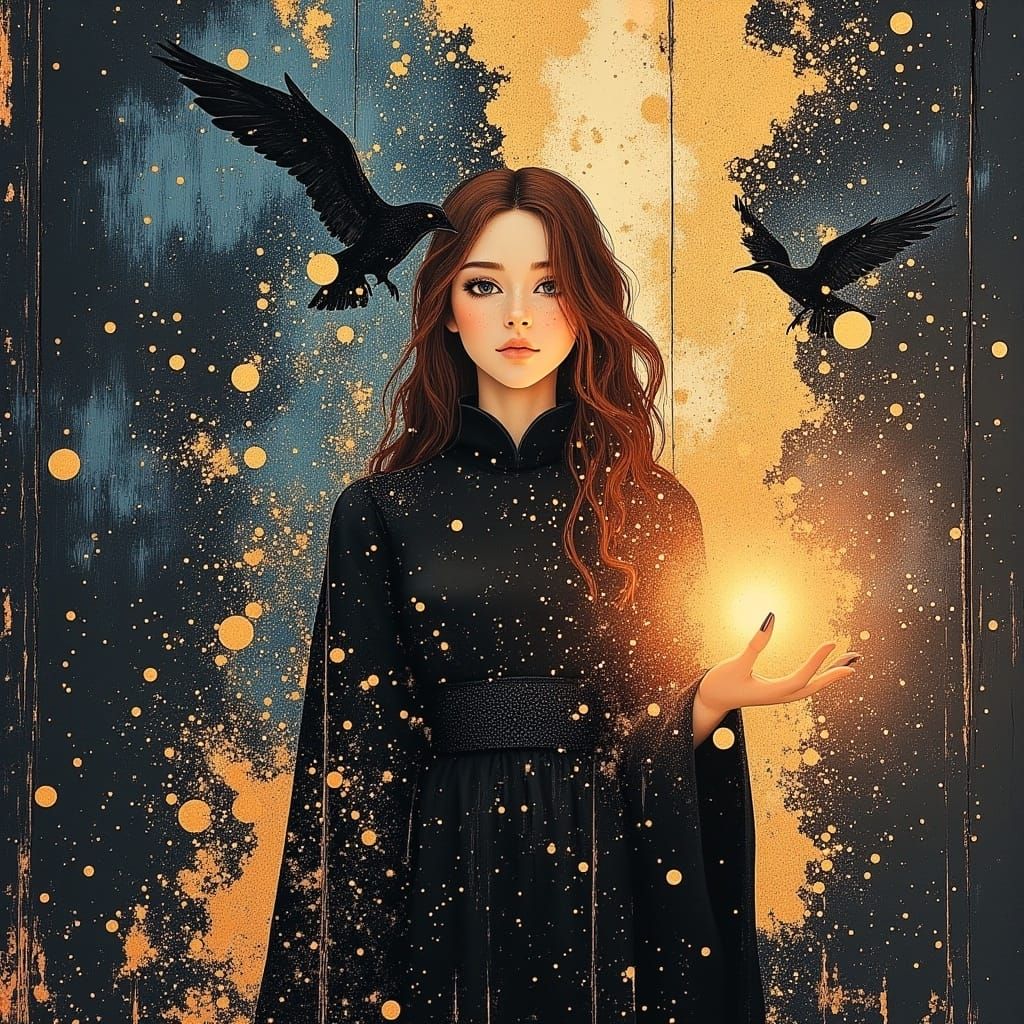 Mystical Priestess Among Vibrant Galaxy and Ravens