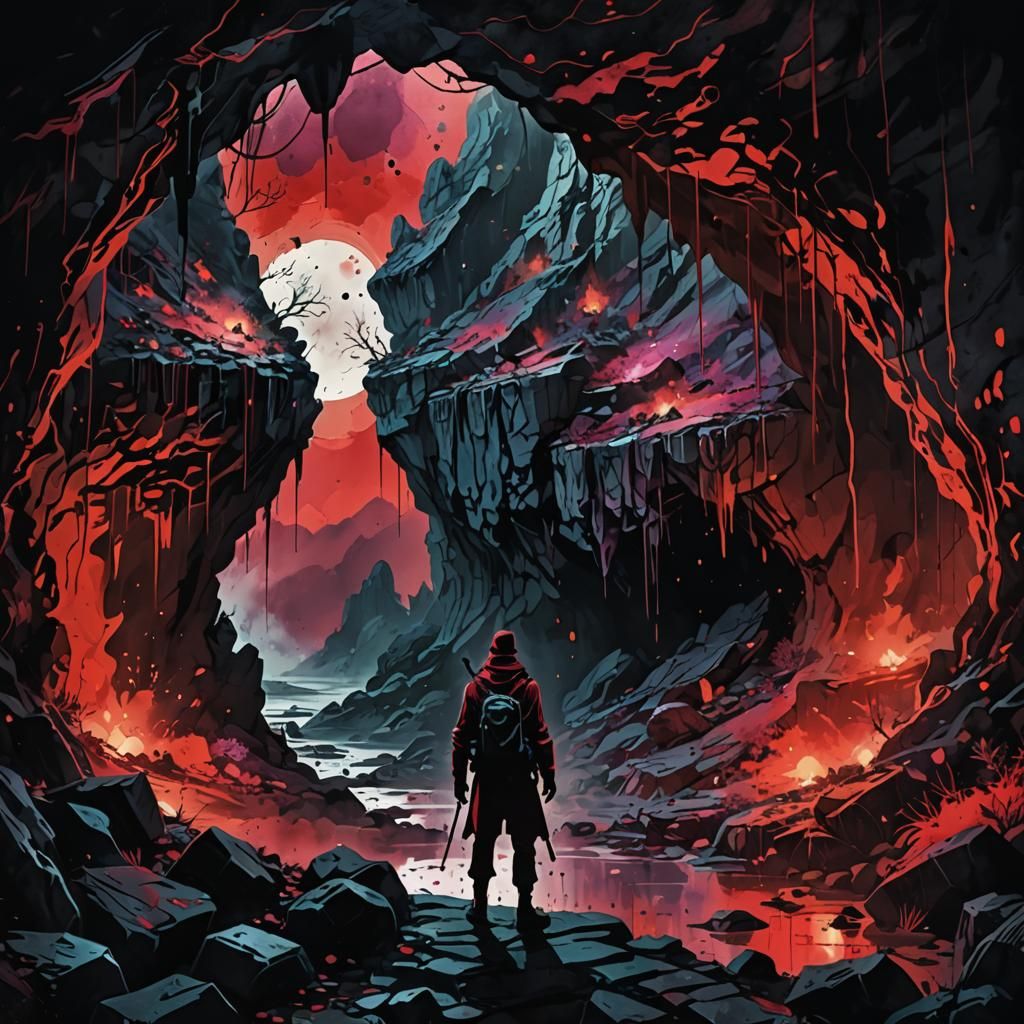 Spooky Cave Entrance in Dark Academia Ink Style