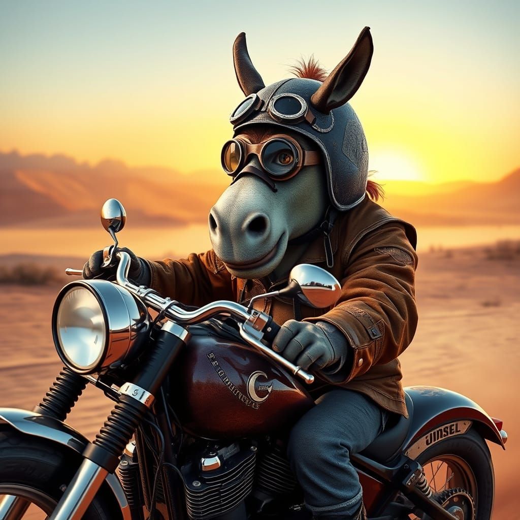 Donkey in Futuristic Biker Attire Speeds Through the Desert