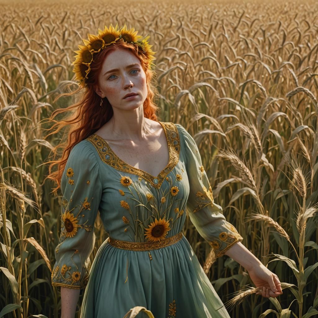 Ethereal Woman in Sunflower Crown, Wheat Field, Starry Night