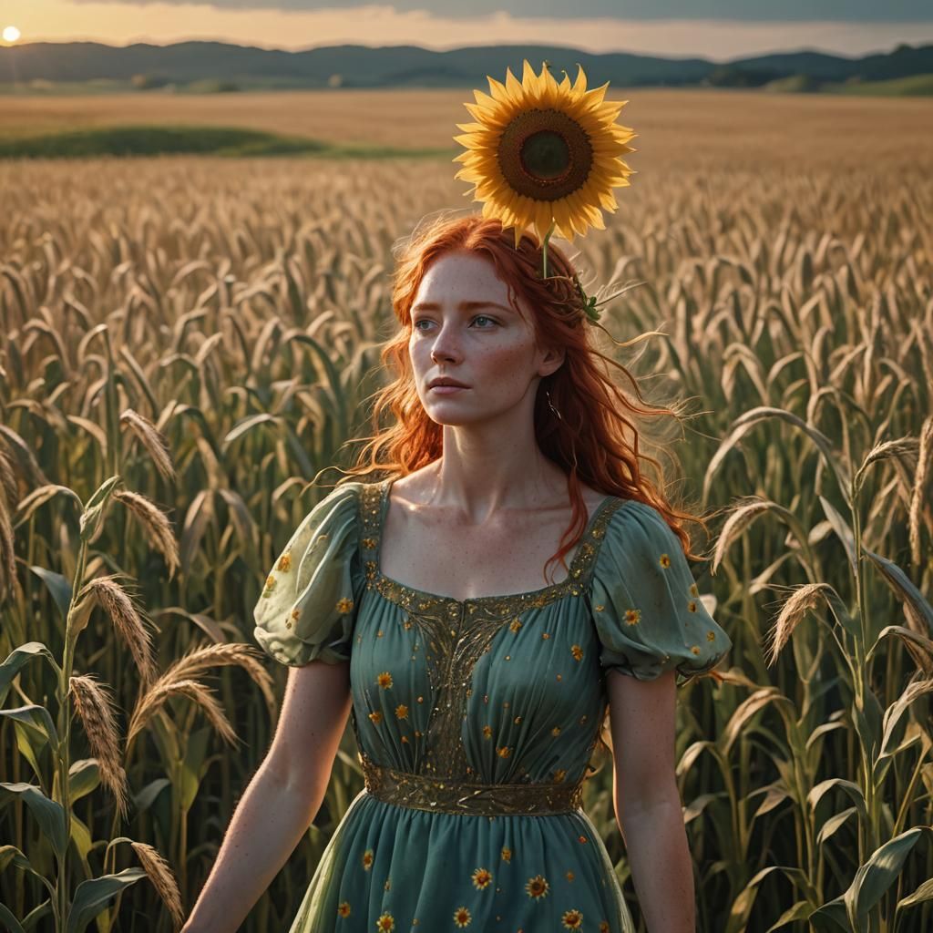 Sunflower Goddess in Whimsical Wheat Field
