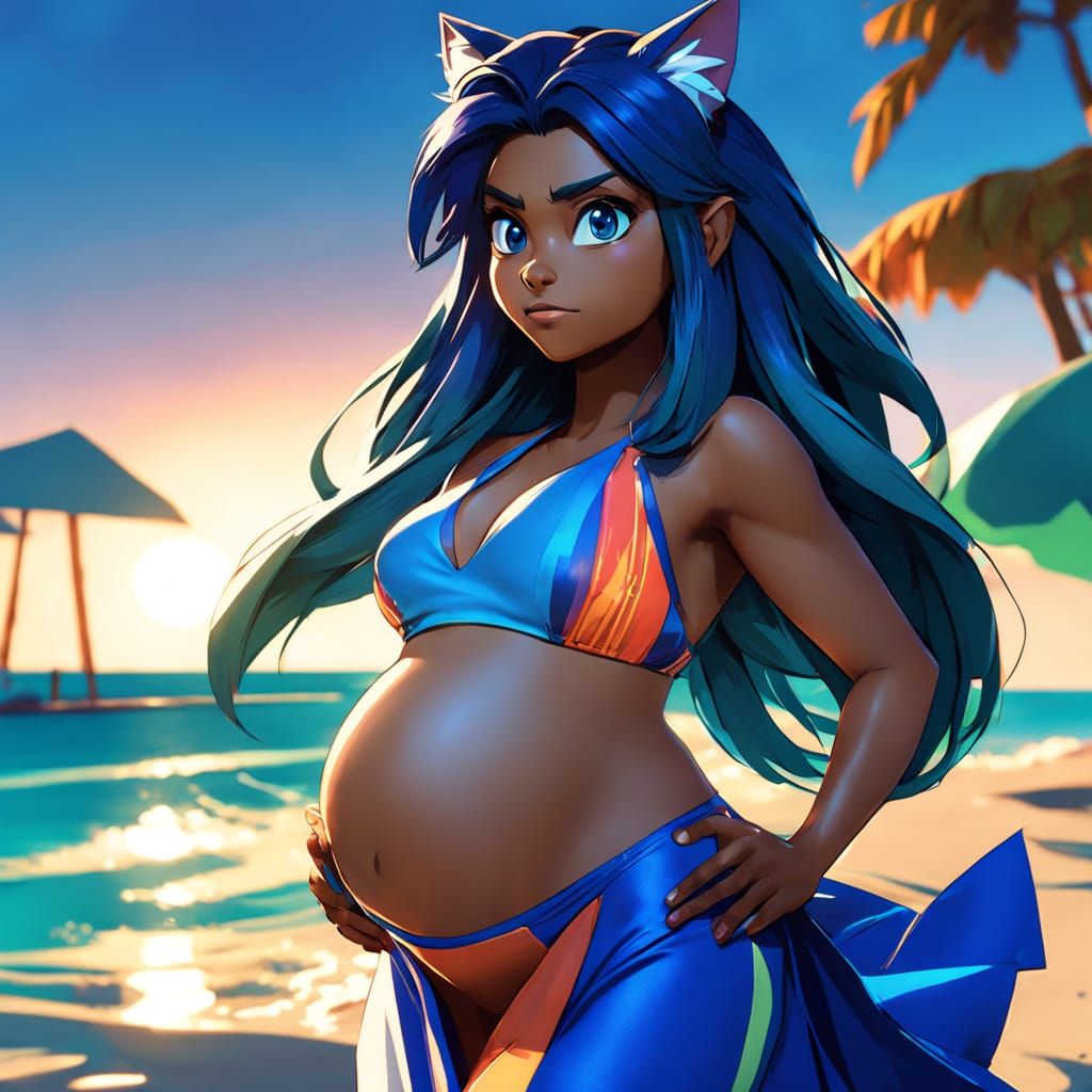 Pregnant Sonic the Hedgehog in Vibrant Beach Kimono Bikini