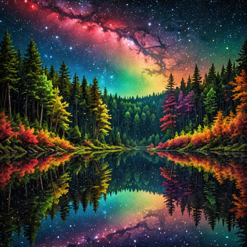 Rainbow Forest Lake Reflecting Starry Sky