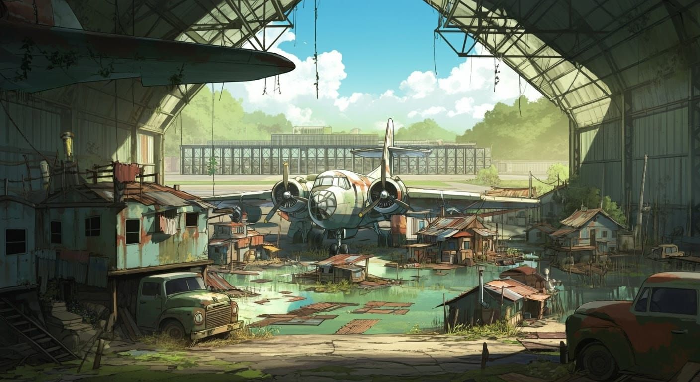 Post-Apocalyptic Airport Shanty Town in Comic Book Style