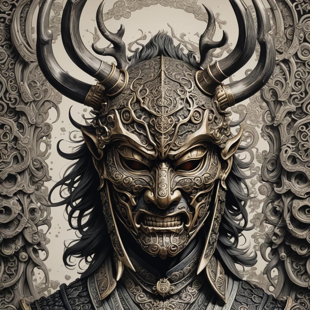 Intricate Samurai Mask with Antlers