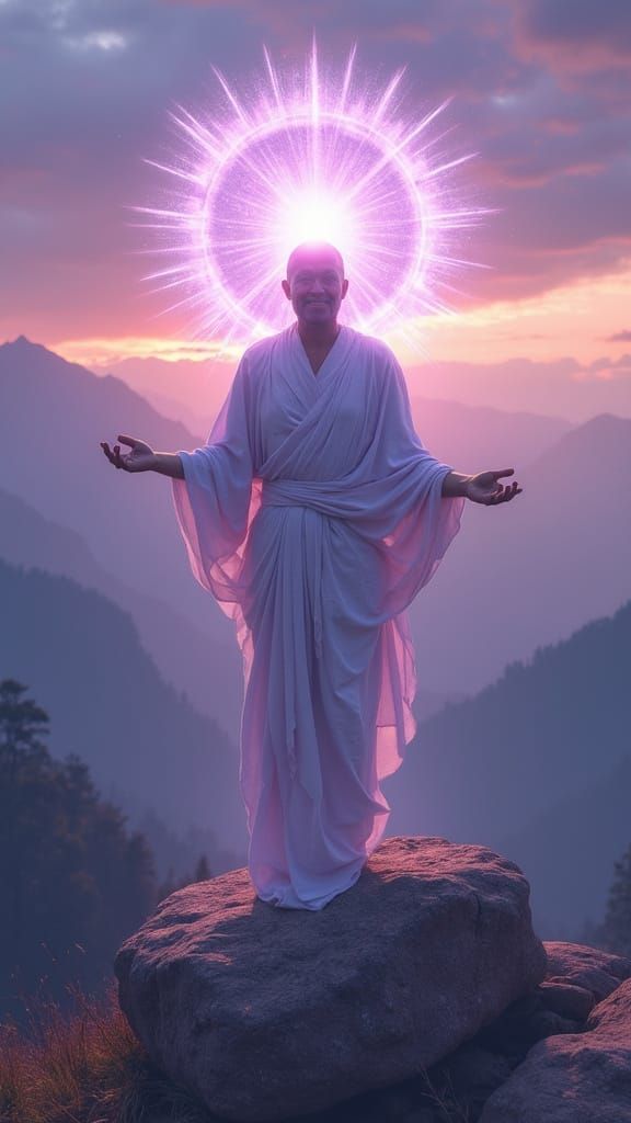Enlightened Monk in Radiant Aura Above Serene Lake