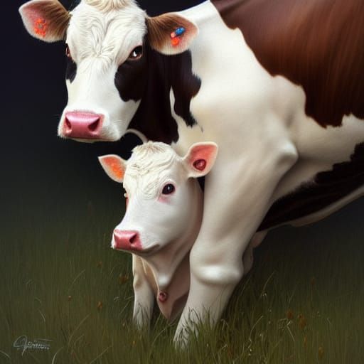 Mother Cow with her small white calf.