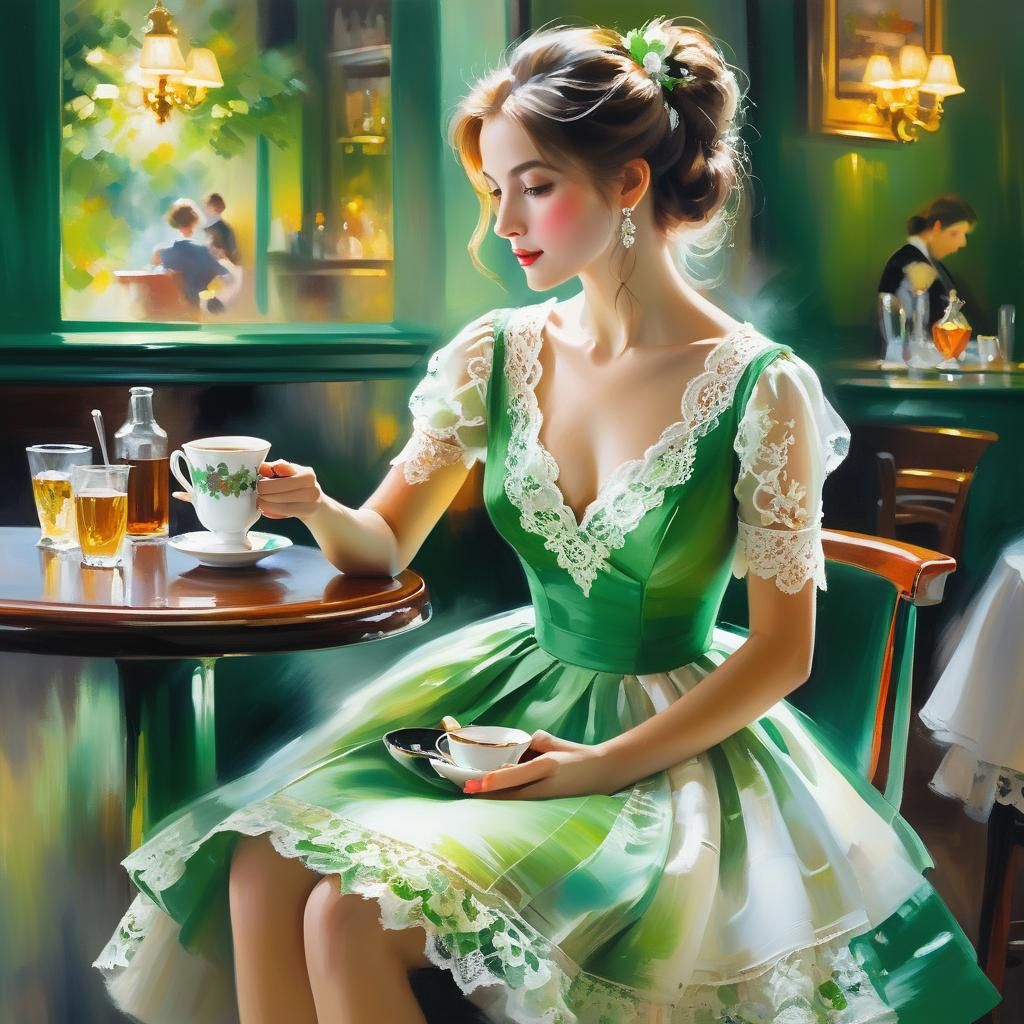 Impressionist painting, stunning woman, green and white dress with lace, in a bar drinking tea, with soft brushstrokes, ...