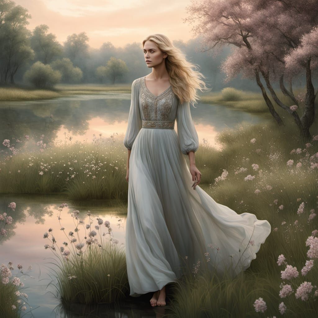 Serene Woman in Blooming Meadow: Digital Matte Painting