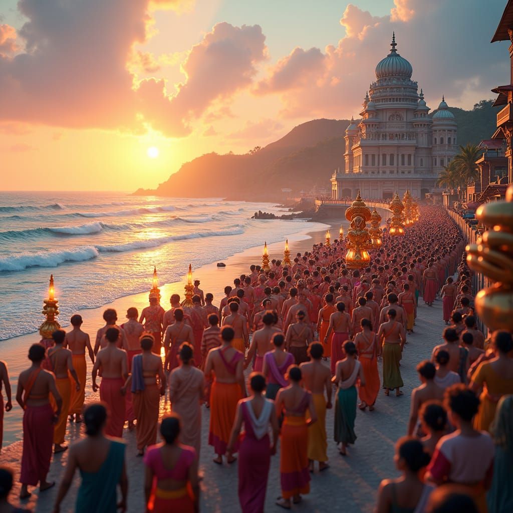 Beachside Procession of Ganpati Devotees at Sunset