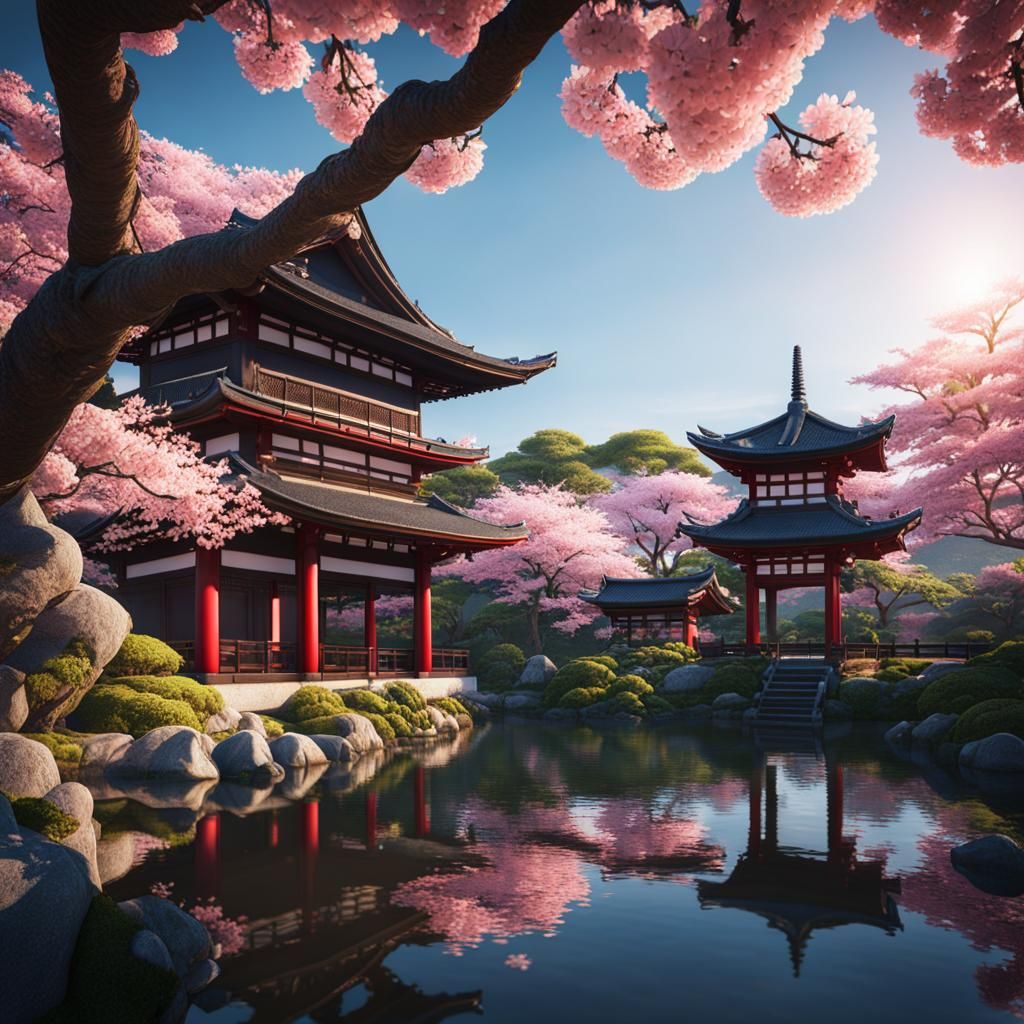 Serene Japanese Garden with Cherry Blossoms and Koi Pond