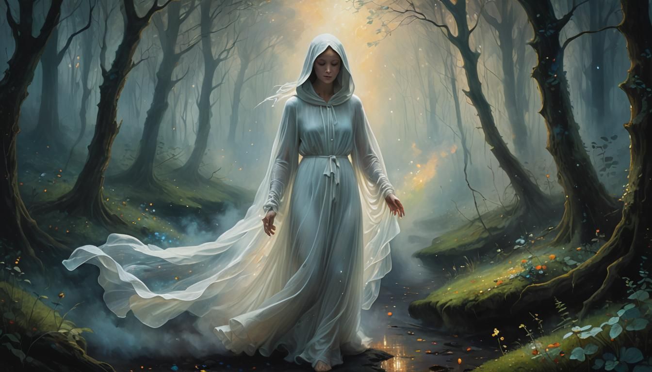Ethereal Figure Ascending in Dreamy Forest, Oil Painting