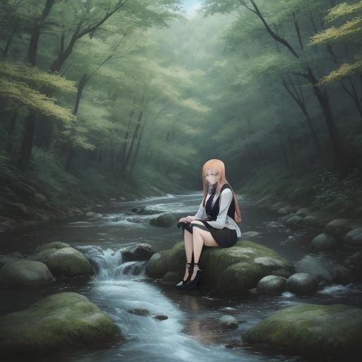 Anime Girl Sitting by Stream