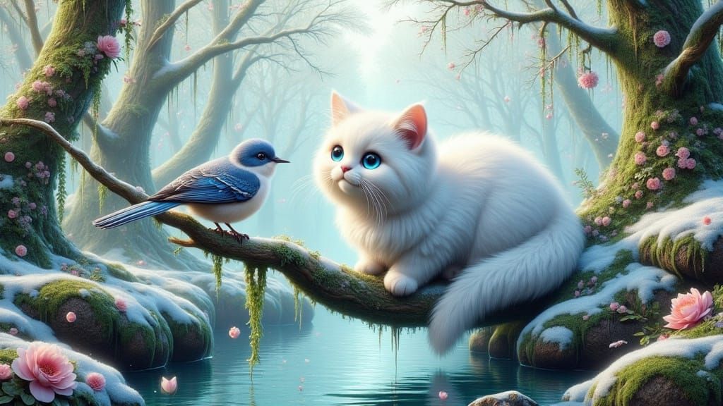 Whimsical White Cat Contemplates a Songbird Amidst Lush Vine...