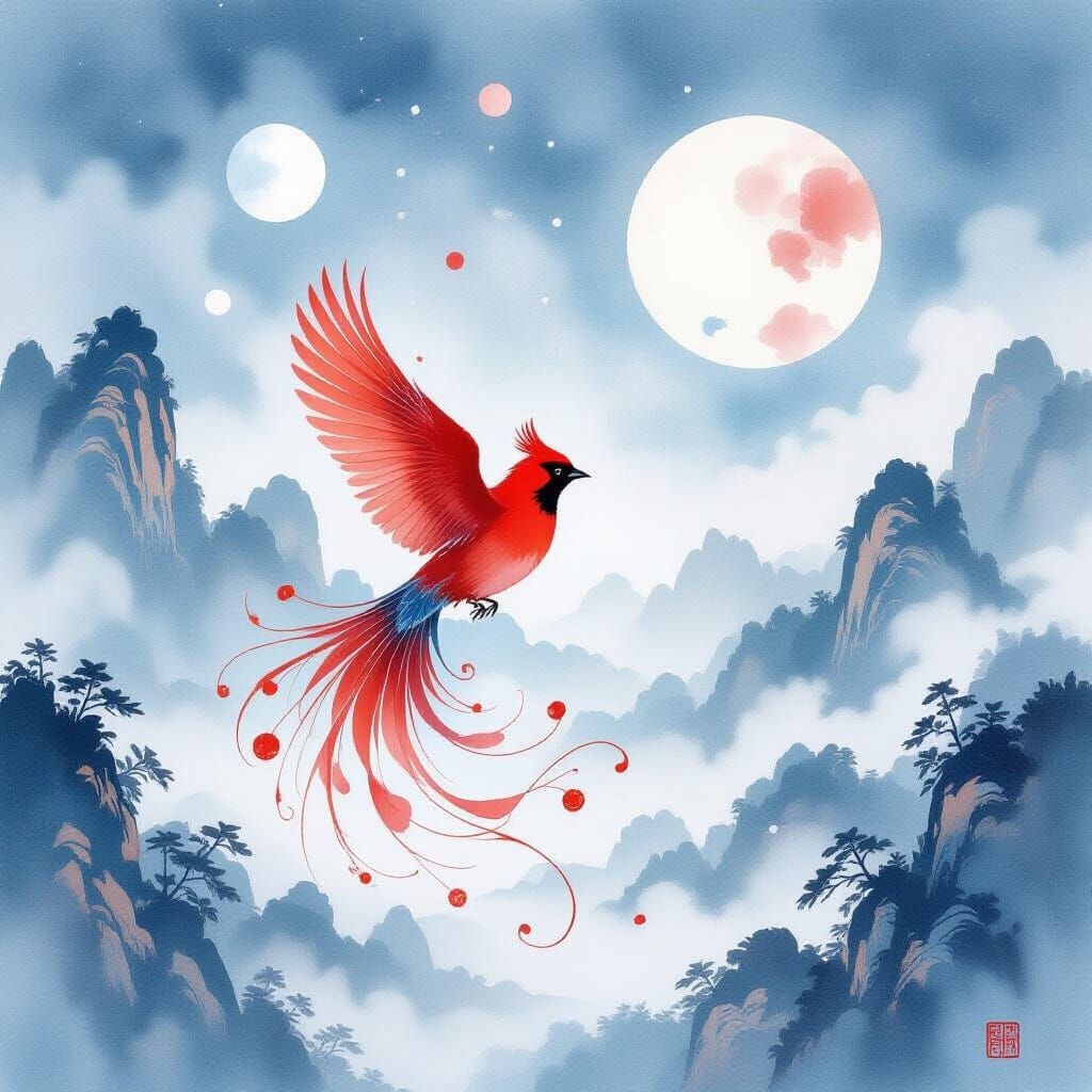 Red Bird Transforms into Celestial Ink Art