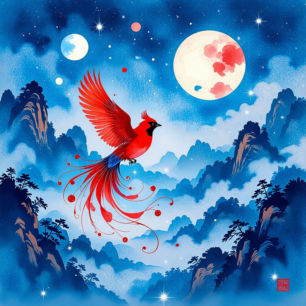 Red Bird Transforms into Celestial Ink Painting