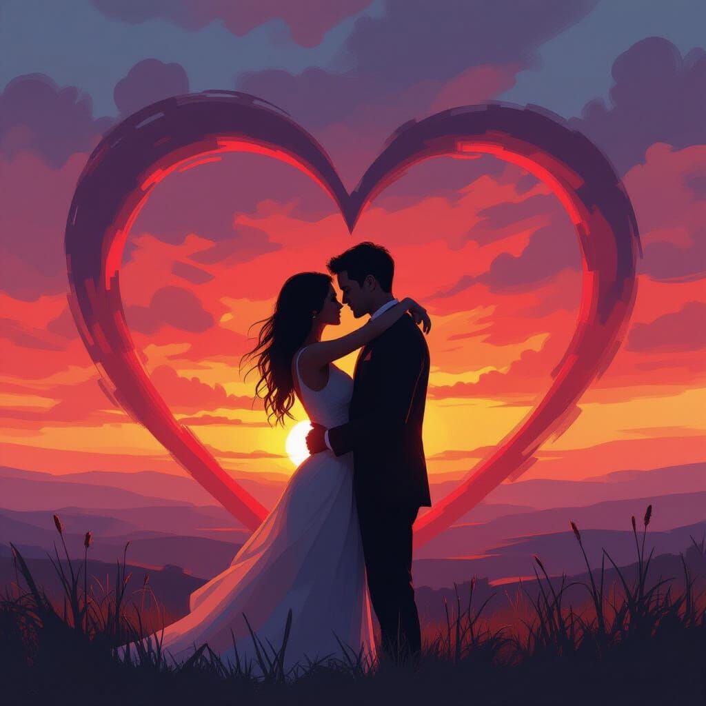 Silhouetted Couple Embracing in Heart Shape Sunset