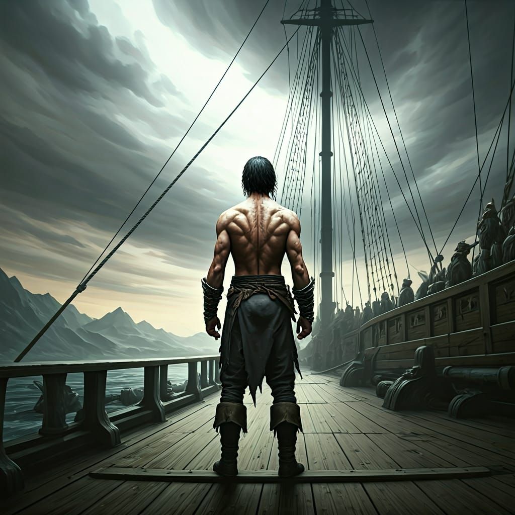 Bare-backed Man on Ship with White Sail