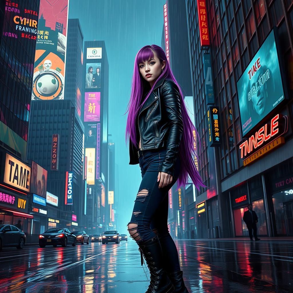 Cyberpunk Woman with Purple Hair in Dystopian City