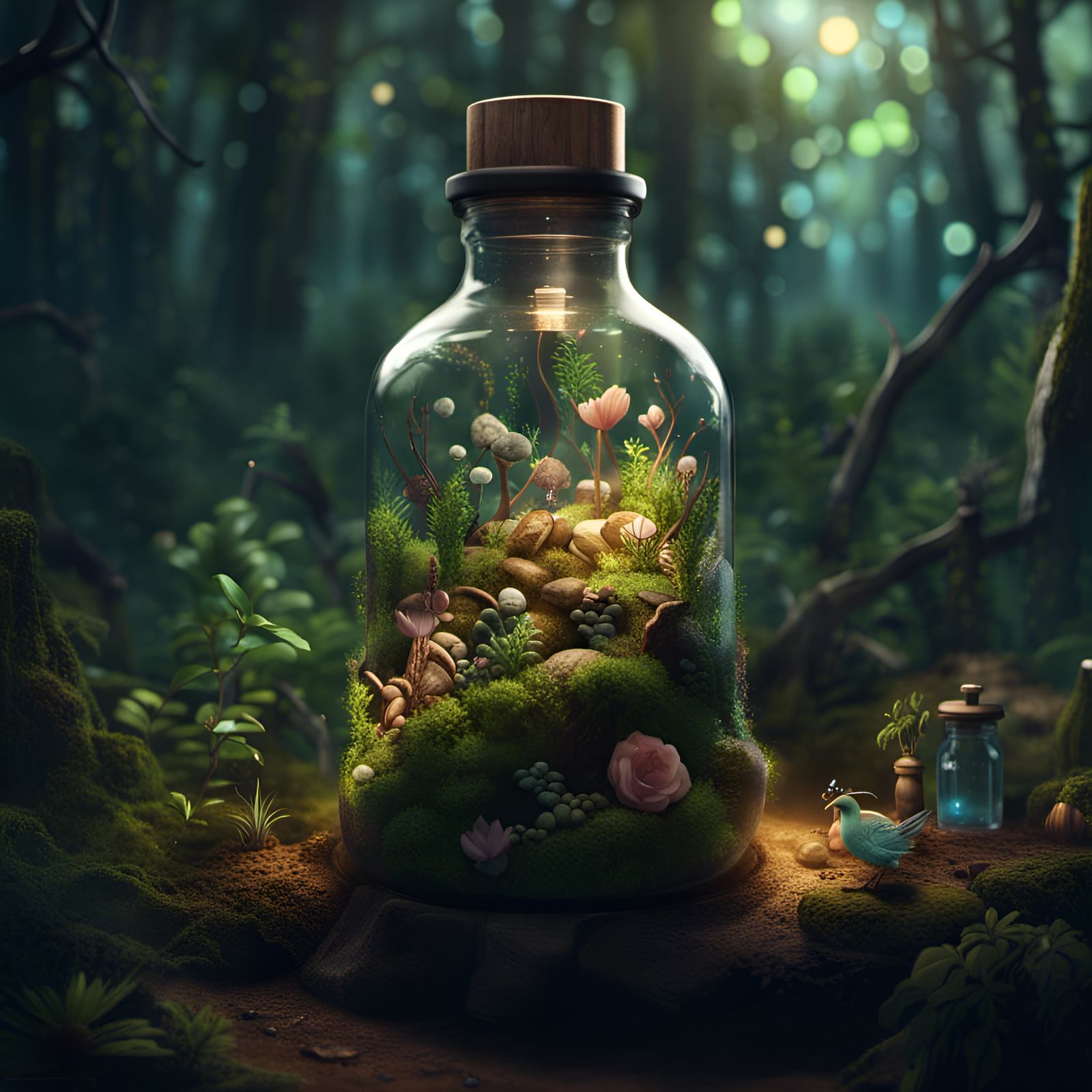 Enchanted Bottle Terrarium with Pixies in Forest