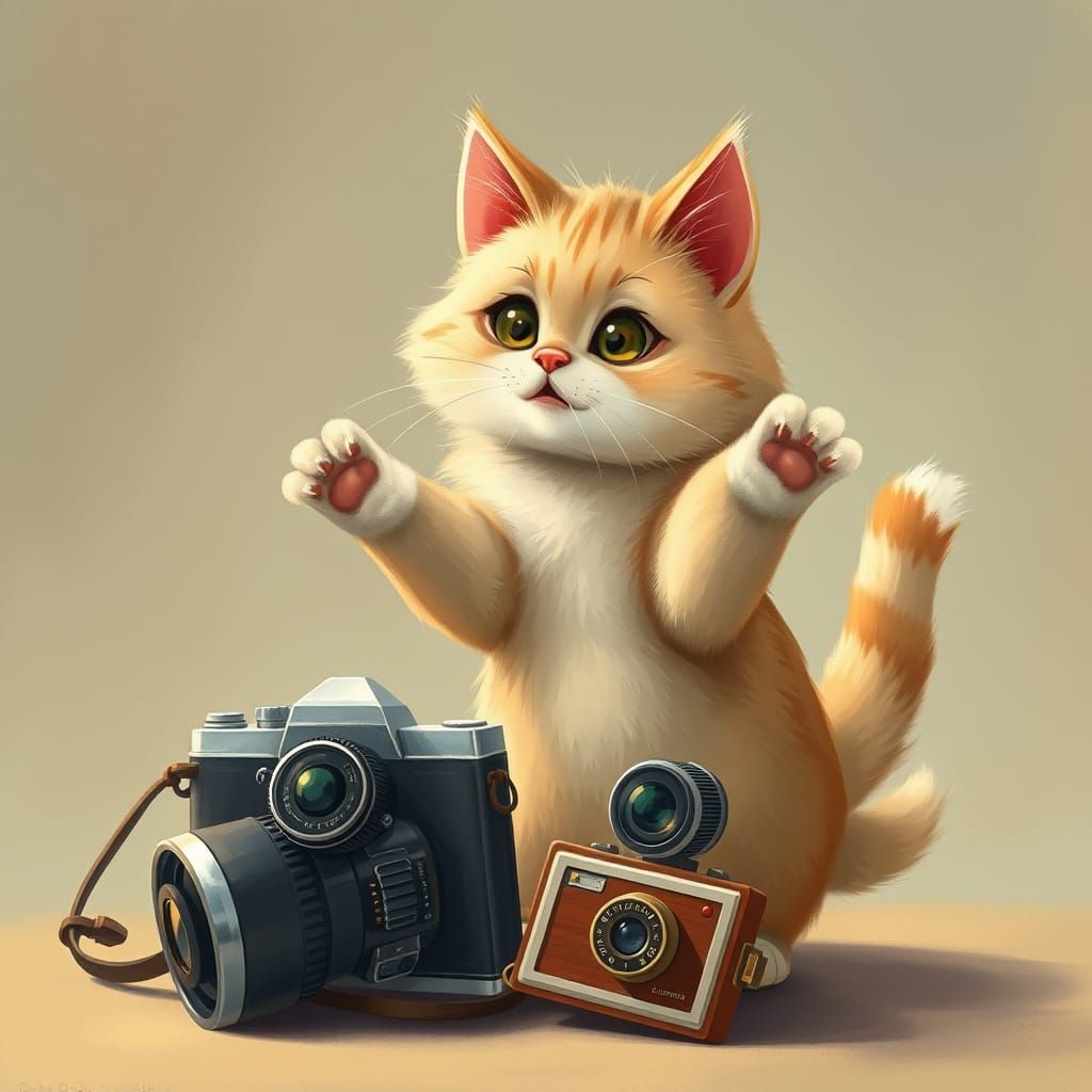 Whimsical Cat Knocks Over Vintage Cameras in Illustration