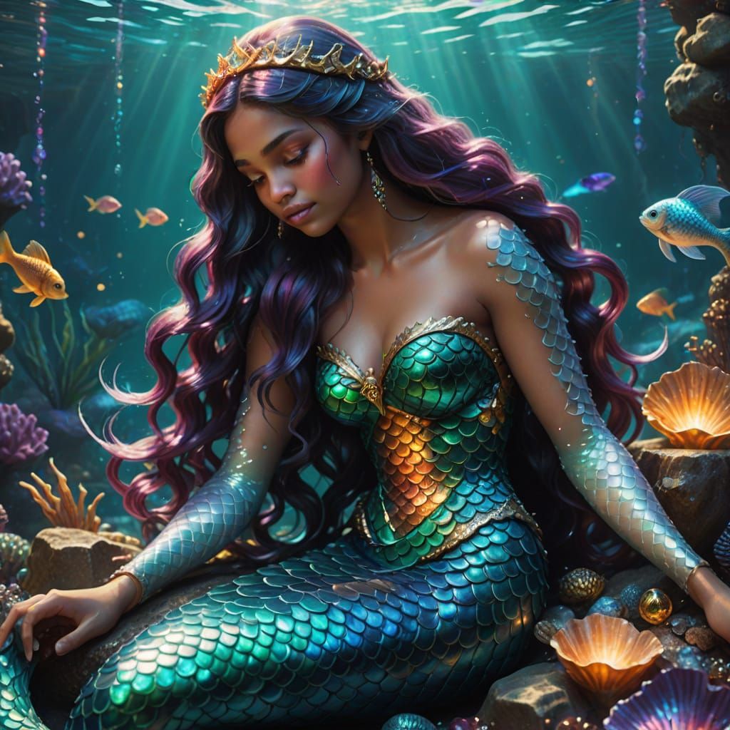 Hyperrealistic Mermaid Lounging on Sunken Treasure
