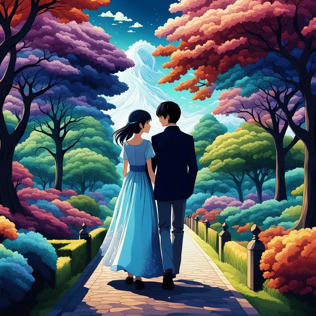 Romantic Anime Couple in Park with Fractal Shading