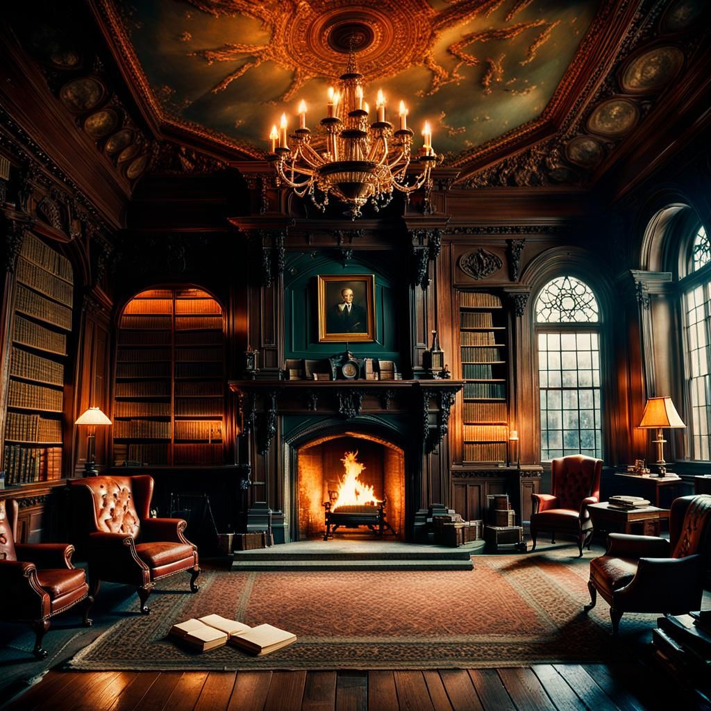 Cinematic Victorian Castle Library Film Still