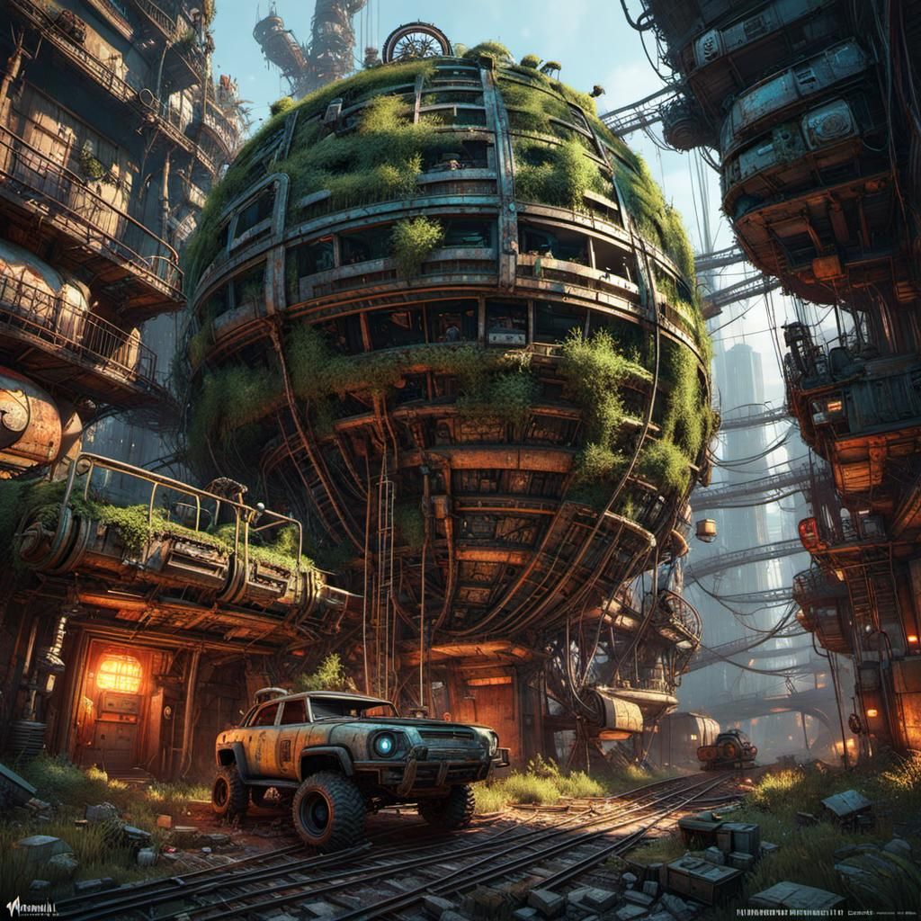 Cyberpunk Nest in Post-Apocalyptic City Ruins