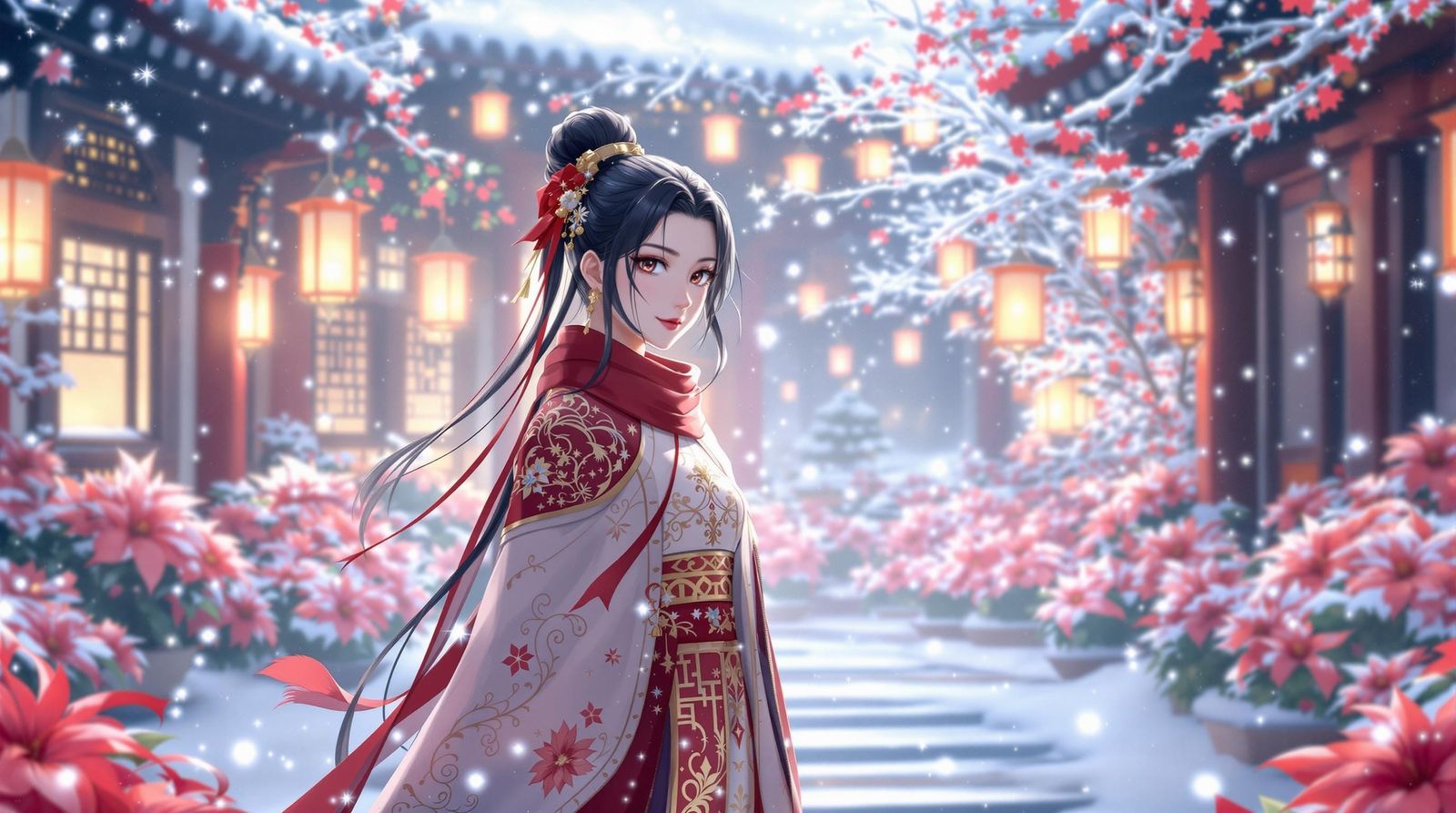 Dreamy Winter Courtyard Scene in Whimsical Anime Style