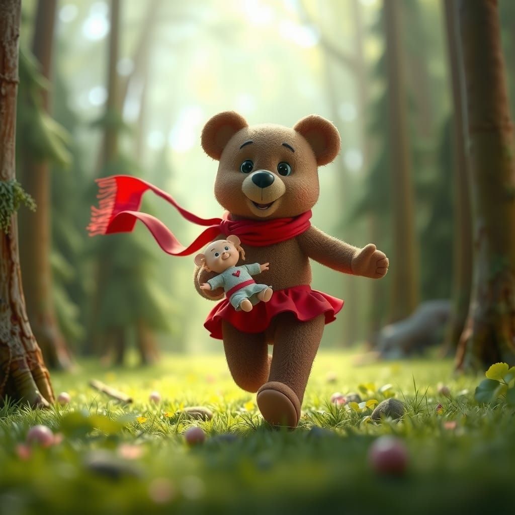 Teddy Bear Skipping Through Forest, 3D Digital Art