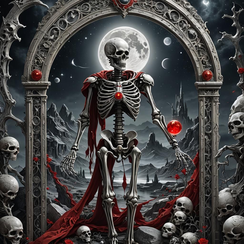 The Moon Tarot Card with Skeleton, Esoteric Art